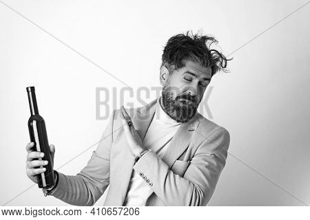 The Man Refused To Drink Alcohol And Showed A Sign Of The Stop Sign On White Background. Bearded Mal