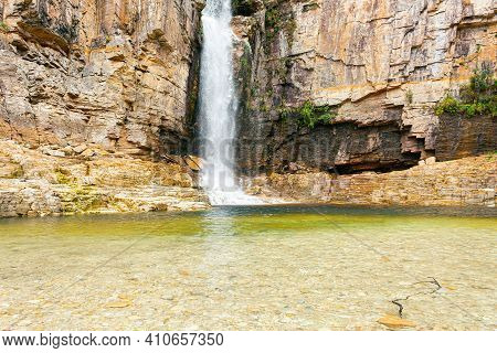 Canyons Of Furnas Waterfall At Capitólio Mg, Brazil. Waterfall Between Sedimentary Rocky Walls. Eco 
