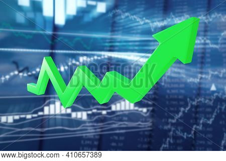 Growing Green Arrow On A Blurred Background Of Stock Quotes. Growth Stocks Investing, Bull Market Co