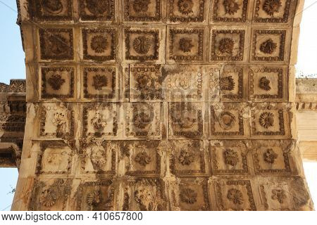 Texture Of Arch Of Hadrians Gate, Bottom View. An Ancient Historical Architecture Background. Beauty