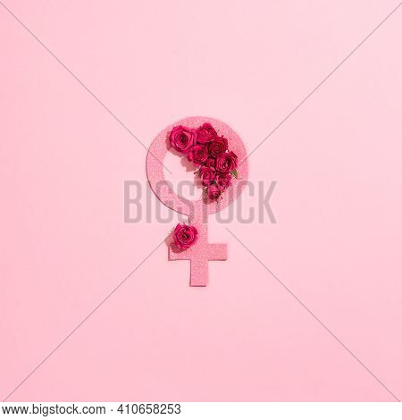 Beautiful Flowers Near The Gender Sign Of The Woman. Beautiful Roses Lying On The Gender Mark Of All