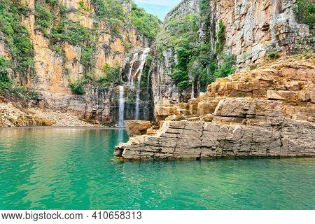 Landscape Of Canyons Of Furnas And The Waterfall, Capitólio Mg, Brazil. Green Water Of The Lake Betw
