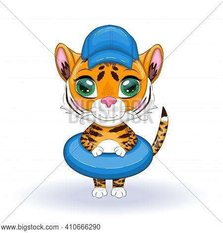 Cute Cartoon Tiger With Beautiful Eyes, Orange With A Circle For Swimming And Wearing A Hat. The Con