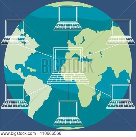 Network Arround World. Internet Connection With Computers. Planet With Connected Laptops. Communicat