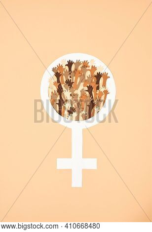 Gender Sign Of A Woman In Support Of Gender Equality. Female Gender Sign On A Yellow Background In S