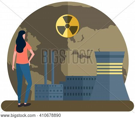 Girl Looks At Planet Destroyed By Radioactive Emissions. Energy Production Factory Pollutes Air. Man