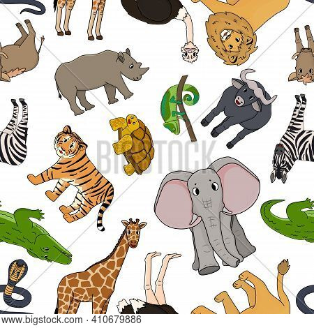 Seamless Pattern Of Vector Cartoon Outline Savannah Animals. Tiger Lion Rhinoceros, Common Warthog,