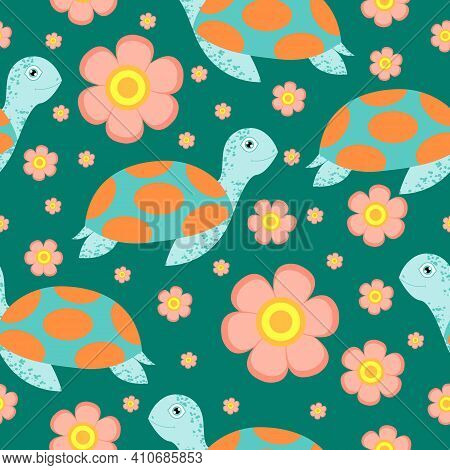 Seamless Pattern. Turtle Or Tortoise. Cute And Funny. Turquoise Green And Orange. Pink Flower. Green