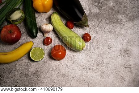 Healthy Lifestyle And Food Concept. Vegetables And Fruits Falling Out From Paper Pocket, Cucumber, T