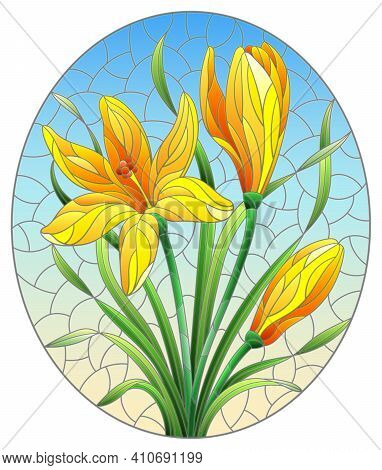 Illustration In Stained Glass Style With A Yellow Hyacinth Flowers On A Blue Background, Oval Image