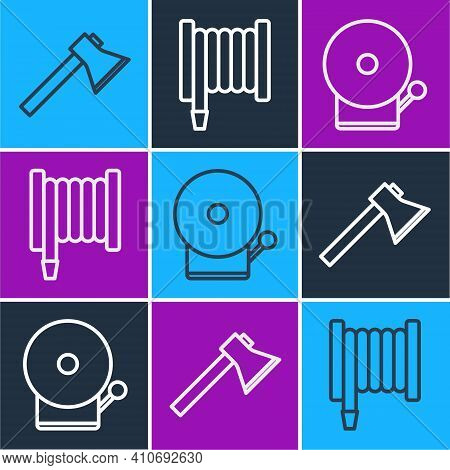 Set Line Firefighter Axe, Ringing Alarm Bell And Fire Hose Reel Icon. Vector