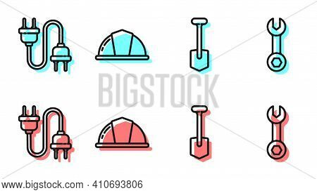 Set Line Shovel, Electric Plug, Worker Safety Helmet And Wrench Spanner Icon. Vector