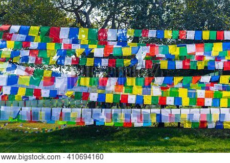 Colorful Prayer Flags. Tibetan Prayer Flags With Buddhist Scripts.