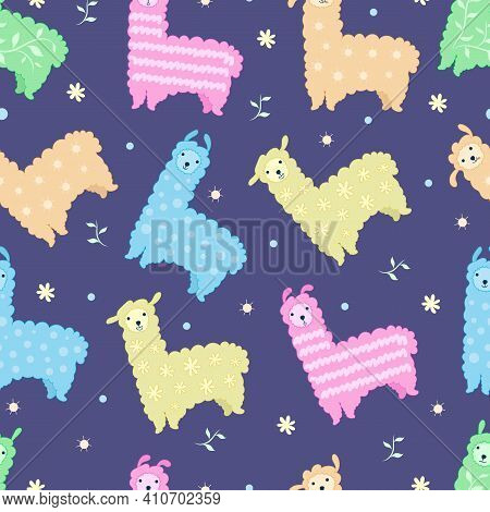 Cute Colouring Lamas Seamless Pattern For Baby