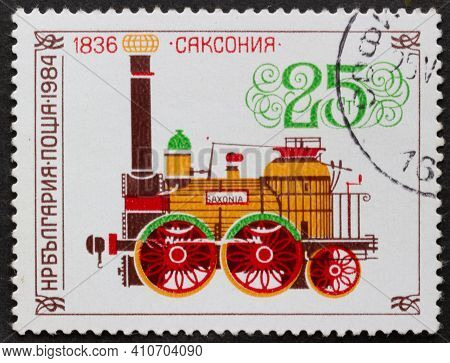 Republic Of Bulgaria - Circa 1984: Postage Stamp Locomotive Of Saxonia, 1836 Printed In Republic Of 