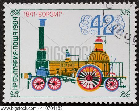 Republic Of Bulgaria - Circa 1984: Postage Stamp Locomotive Of Borsig, 1841 Printed In Republic Of B