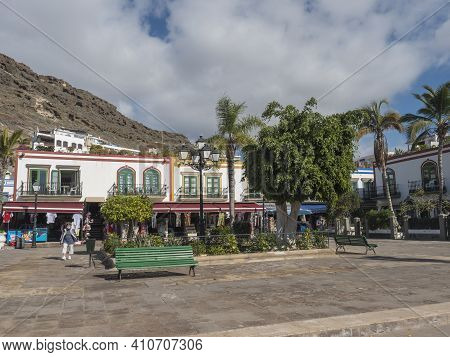 Puerto De Mogan, Gran Canaria, Canary Islands, Spain December 18, 2020: Traditional Colorful Houses 