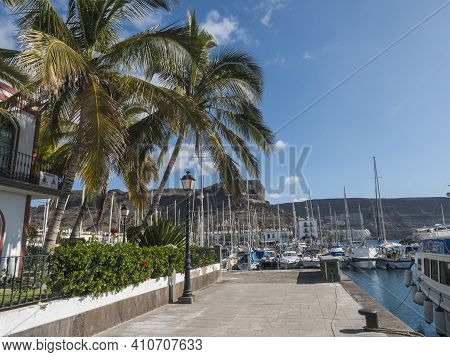 Puerto De Mogan, Gran Canaria, Canary Islands, Spain December 18, 2020: Marina With Sailing Ships An