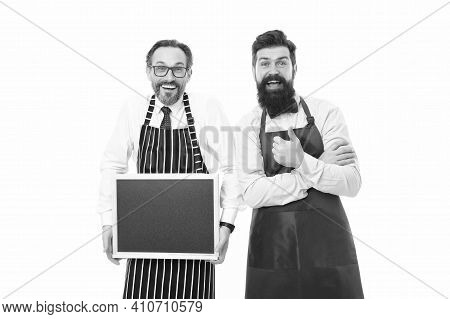 Partners Celebrate Start Up. Menu Planning. Happy Chef Team In Apron. Bearded Men With Blackboard, C
