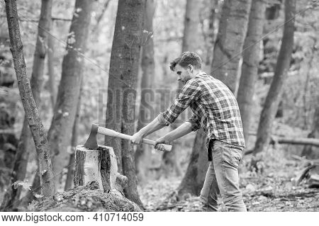 Just One Hit. Chopping And Splitting Firewood With Axe. Lumber Worker In Wood. Spend Picnic Weekend 