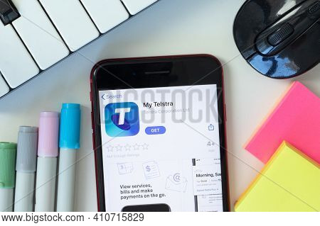 New York, Usa - 2 March 2021: My Telstra Mobile App Icon On Phone Screen, Illustrative Editorial