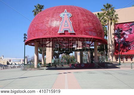 Anaheim, California - USA - March 1, 2021: 
Angel Stadium of Anaheim, originally known as Anaheim Stadium and later Edison International Field of Anaheim, is a modern-style ballpark. Editorial Use. 