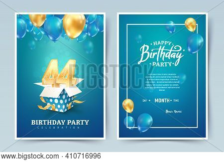 44th Years Birthday Vector Invitation Double Card. Forty Four Years Wedding Anniversary Celebration 