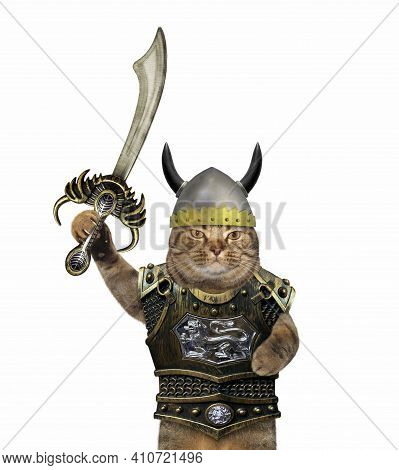 A Beige Cat Viking In A Horned Helmet And A Cuirass Holds A Curved Sword. White Background. Isolated