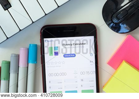 New York, Usa - 2 March 2021: Fluency Calculator Mobile App Icon On Phone Screen, Illustrative Edito