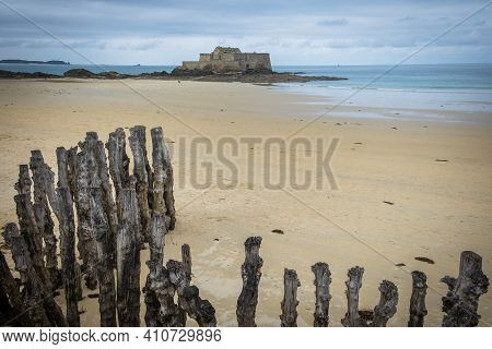 View Of Bon-secours Beach And Grand Bé A Tidal Island Near The Coast Of St-malo, France