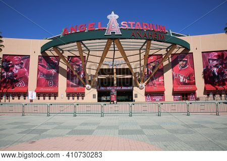 Anaheim, California - USA - March 1, 2021: 
Angel Stadium of Anaheim, originally known as Anaheim Stadium and later Edison International Field of Anaheim, is a modern-style ballpark. Editorial Use. 