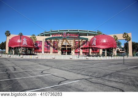 Anaheim, California - USA - March 1, 2021: 
Angel Stadium of Anaheim, originally known as Anaheim Stadium and later Edison International Field of Anaheim, is a modern-style ballpark. Editorial Use. 