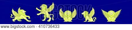 Set Of Winged Lion Cartoon Icon Design Template With Various Models. Modern Vector Illustration Isol