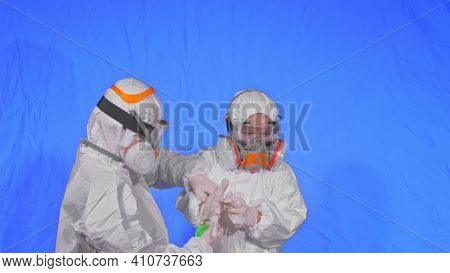 Family Shield Protect, To Save Life From Virus. People Portrait, Wearing Protect Medical Aerosol Spr