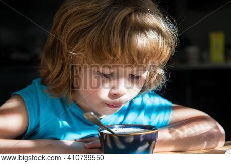 Kids Nutrition. Little Boy Eats Soup. Healthy Food For Children. Organic Homefood