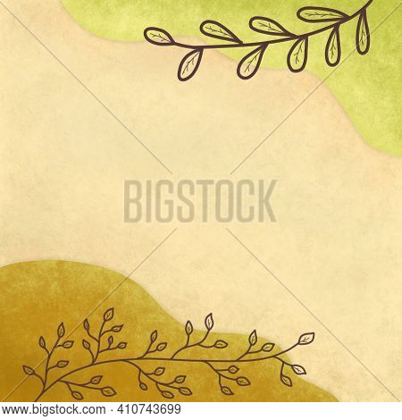 Watercolor Square Illustration With Pastel Organic Shapes And Plant Branches. Template For Social Me