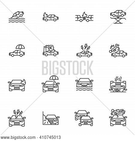 Car Insurance Line Icons Set, Auto Insurance Outline Vector Symbol Collection, Linear Style Pictogra