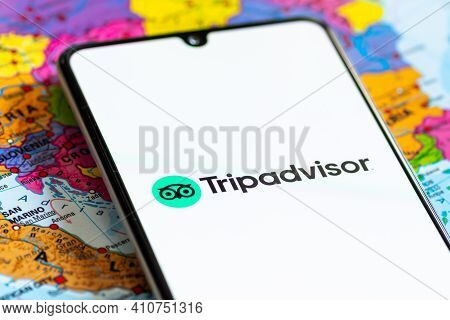 Vilnius, Lithuania - March 2 2020: Close Up View Of Tripadvisor Travel Agency App, Icons, Logo Displ