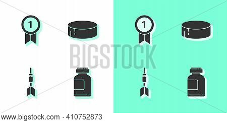 Set Sports Nutrition, Medal, Dart Arrow And Hockey Puck Icon. Vector