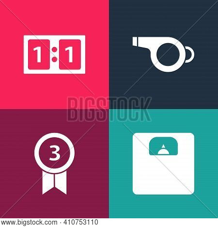 Set Pop Art Bathroom Scales, Medal, Whistle And Sport Mechanical Scoreboard Icon. Vector