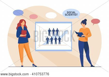 Two Female Social Scientists Studying People. Arrow, Analysis, Survey Flat Vector Illustration. Busi