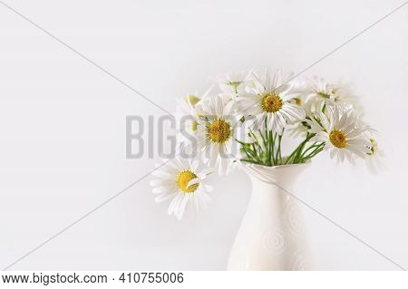 Bouquet Of Field Chamomile Flowers In Vase On White Background. Copy Space. Selective Focus.