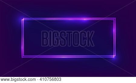 Neon Double Rectangular Frame With Shining Effects On Dark Background. Empty Glowing Techno Backdrop