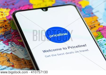 Vilnius, Lithuania - March 2 2020: Close Up View Of Priceline Travel Agency App, Icons, Logo Display