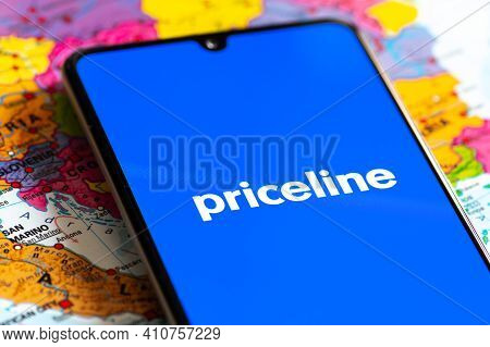 Vilnius, Lithuania - March 2 2020: Close Up View Of Priceline Travel Agency App, Icons, Logo Display