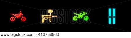 Set Mountain Bike, Paintball Gun, Motorcycle And Ski And Sticks Icon. Vector