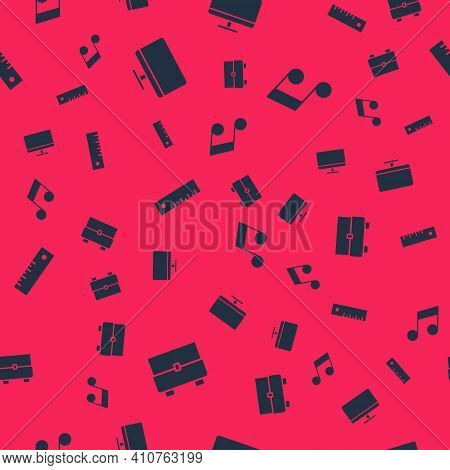 Set School Backpack, Computer Monitor Screen, Ruler And Music Note, Tone On Seamless Pattern. Vector