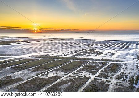 Aerial View Over Salt Marsh Plains On The Wadden Sea Coast. Uithuizen, Groningen Province.