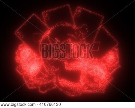 Neon Light Aces Of Poker And Roses With Skull, Grunge Vintage