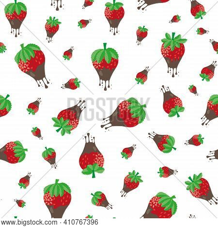Chocolate Dipped Strawberry Seamless Vector Pattern Background. Painterly Red Berries Dripping With 